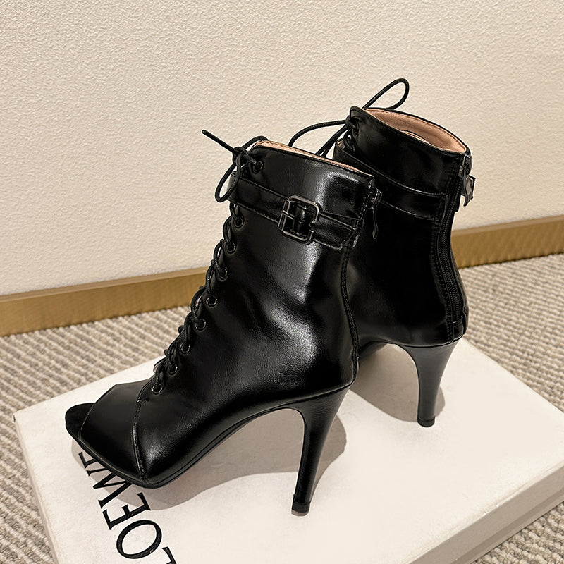 DS Women's Black 7.5cm/10cm Heel Rubber Sole Leatherette Jazz Shoes Open Toe Dance Heels Boots