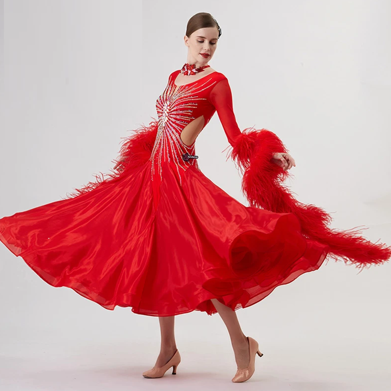 YUN Customisable-Women's Long Sleeve Mesh Round Neck Diamonds Dress For Ballroom Dancing Smooth Dress
