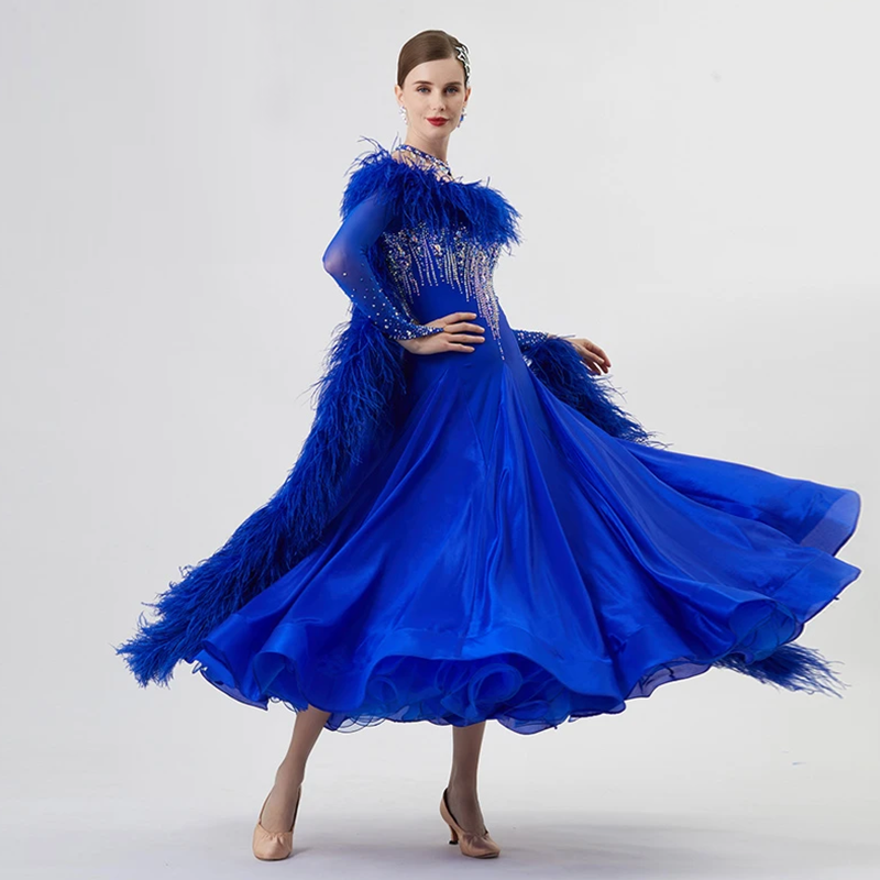 YUN Customisable-Women's Long Sleeve  Backless Diamonds Waltz Modern Ballroom Dance Dress Competition Dresses (With Necklace)