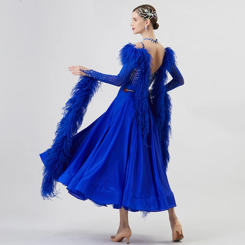 YUN Customisable-Women's Long Sleeve  Backless Diamonds Waltz Modern Ballroom Dance Dress Competition Dresses (With Necklace)