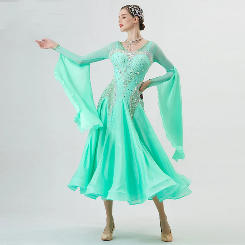 YUN Customisable-Women's Long Sleeve Backless VNeck Diamonds Dress For Ballroom Dancing Smooth Dress