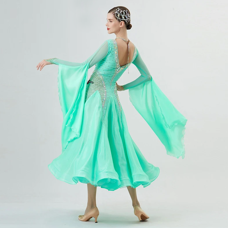 YUN Customisable-Women's Long Sleeve Backless VNeck Diamonds Dress For Ballroom Dancing Smooth Dress