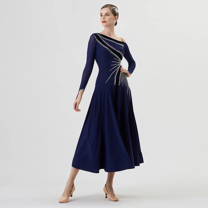 YUN Customisable-Women's Long Sleeve Off Shoulder Diamonds Dress For Ballroom Dancing standard/Smooth Dress