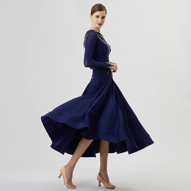 YUN Customisable-Women's Long Sleeve Off Shoulder Diamonds Dress For Ballroom Dancing standard/Smooth Dress