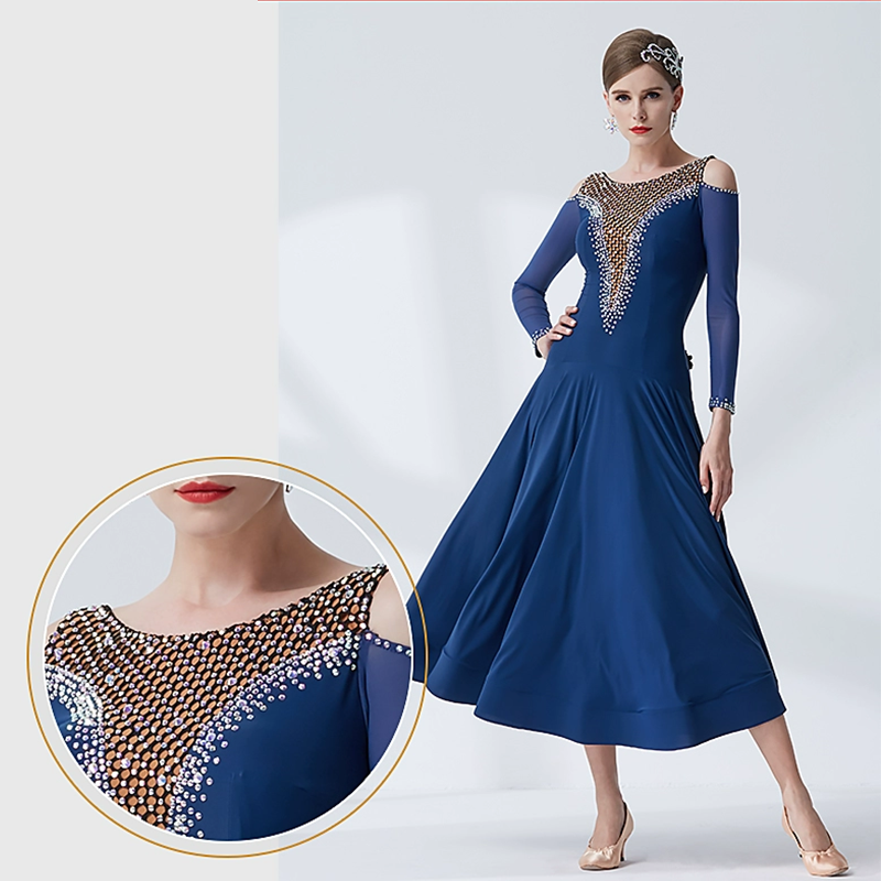 YUN Customisable-Women's Long Sleeve Applique With Diamonds Costume Dress For Ballroom Dancing standard/Smooth Dress