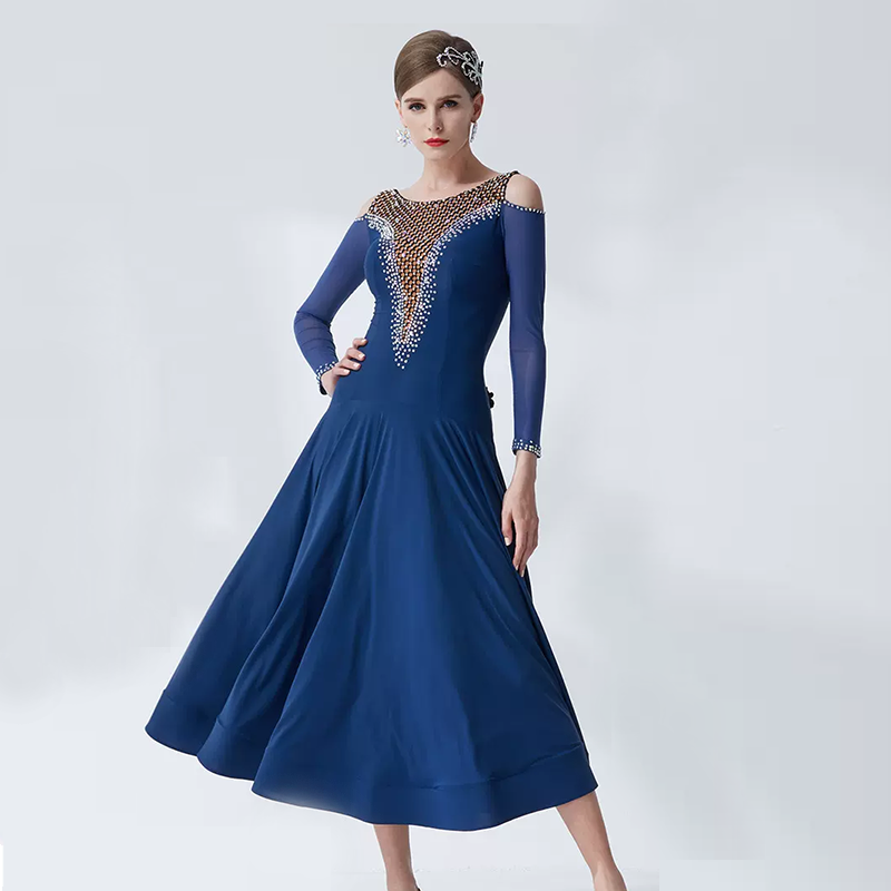 YUN Customisable-Women's Long Sleeve Applique With Diamonds Costume Dress For Ballroom Dancing standard/Smooth Dress