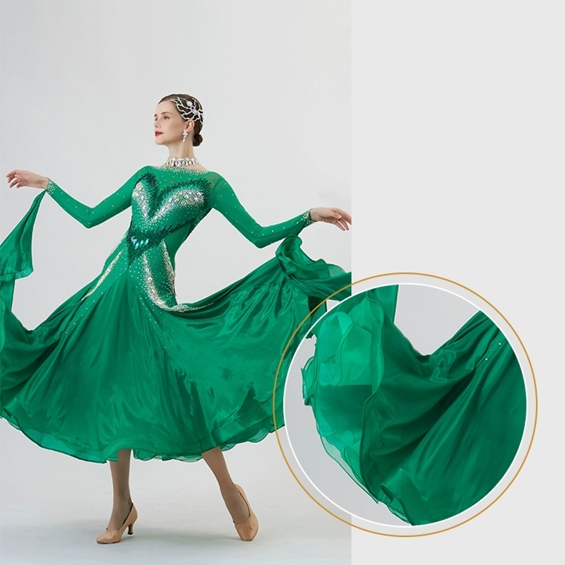 YUN Customisable-Women's Long Sleeve Backless Round Neck Diamonds Dress For Ballroom Dancing Smooth Dress