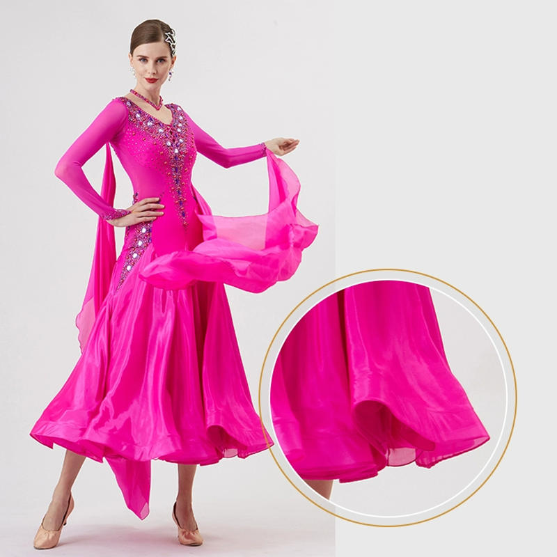 YUN Customisable-Women's Long Sleeve Backless VNeck Diamonds Dress For Ballroom Dancing Smooth Dress
