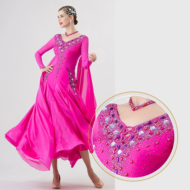 YUN Customisable-Women's Long Sleeve Backless VNeck Diamonds Dress For Ballroom Dancing Smooth Dress