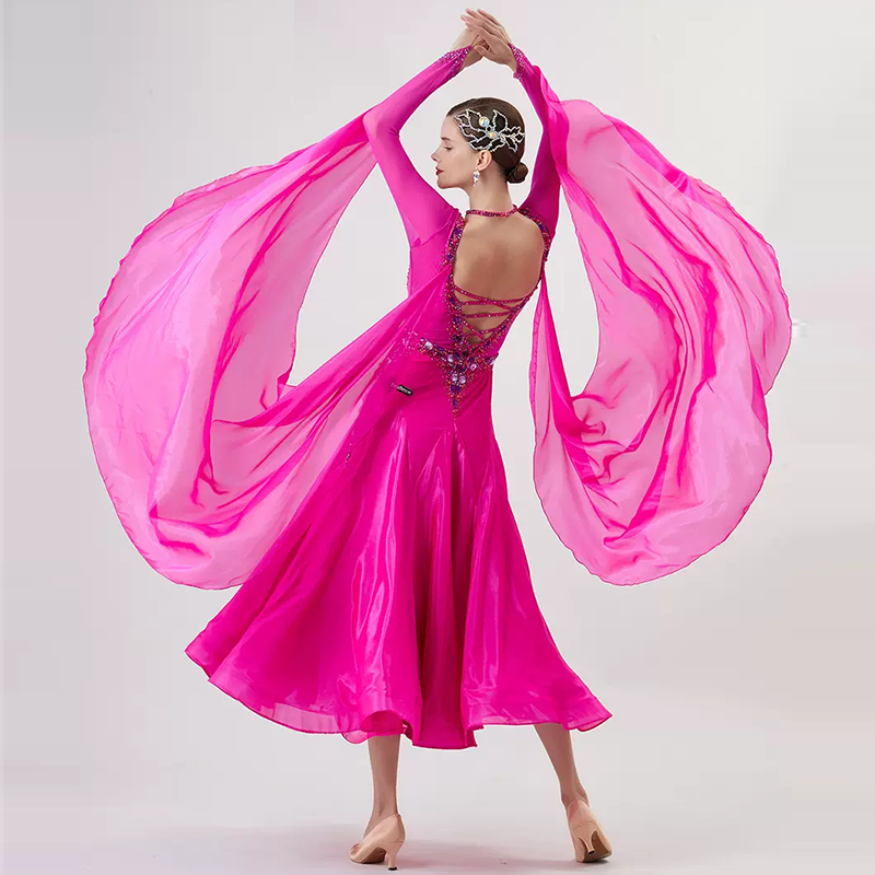 YUN Customisable-Women's Long Sleeve Backless VNeck Diamonds Dress For Ballroom Dancing Smooth Dress