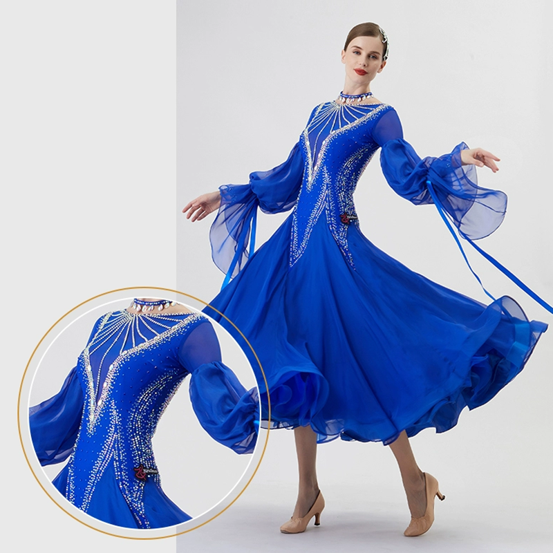 YUN Customisable-Women's Long Sleeve Round Neck Diamonds Dress For Ballroom Dancing Smooth Dress