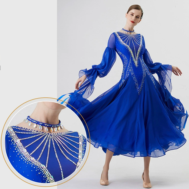 YUN Customisable-Women's Long Sleeve Round Neck Diamonds Dress For Ballroom Dancing Smooth Dress
