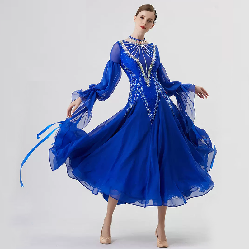 YUN Customisable-Women's Long Sleeve Round Neck Diamonds Dress For Ballroom Dancing Smooth Dress
