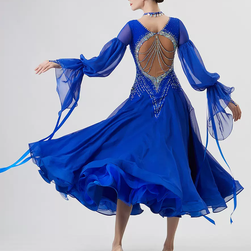 YUN Customisable-Women's Long Sleeve Round Neck Diamonds Dress For Ballroom Dancing Smooth Dress