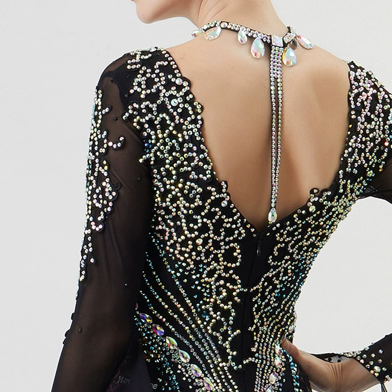 YUN Customisable-Women's Long Sleeve VNeck Backless Diamonds Dress For Ballroom Dancing Smooth Dress