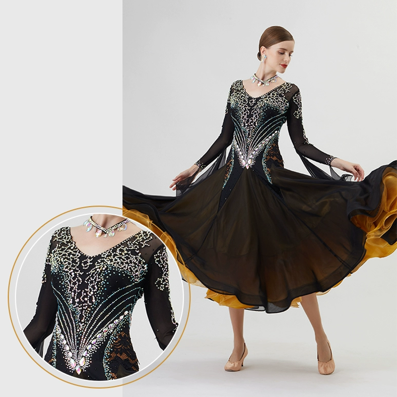 YUN Customisable-Women's Long Sleeve VNeck Backless Diamonds Dress For Ballroom Dancing Smooth Dress