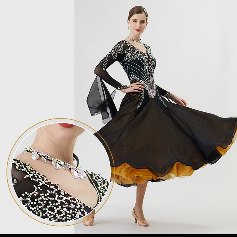 YUN Customisable-Women's Long Sleeve VNeck Backless Diamonds Dress For Ballroom Dancing Smooth Dress