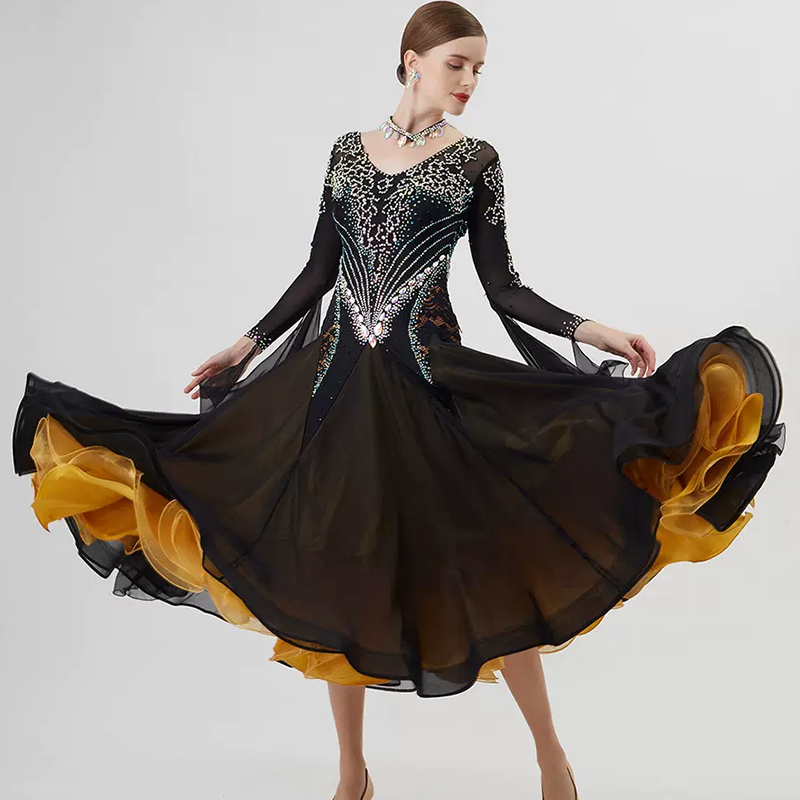 YUN Customisable-Women's Long Sleeve VNeck Backless Diamonds Dress For Ballroom Dancing Smooth Dress