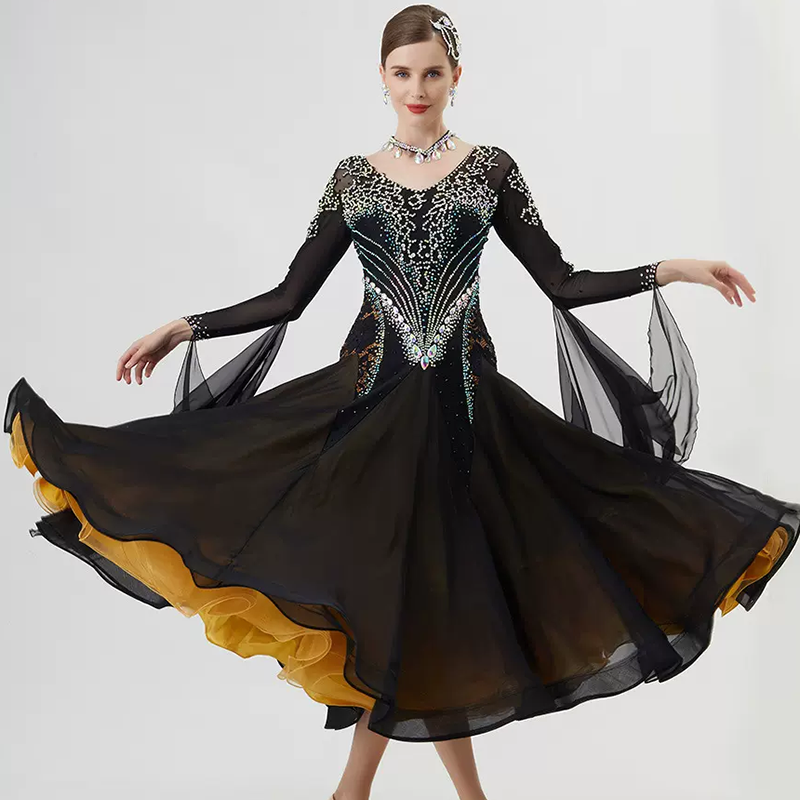 YUN Customisable-Women's Long Sleeve VNeck Backless Diamonds Dress For Ballroom Dancing Smooth Dress