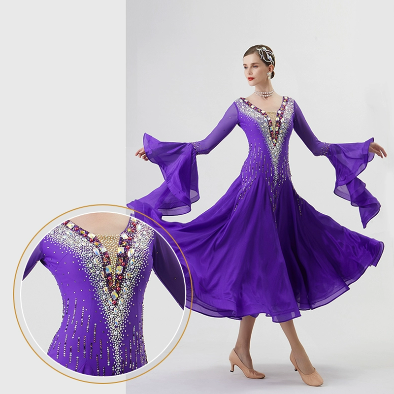 YUN Customisable-Women's Long Sleeve VNeck Backless Diamonds Dress For Ballroom Dancing Smooth Dress