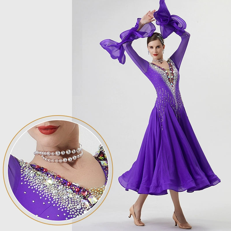 YUN Customisable-Women's Long Sleeve VNeck Backless Diamonds Dress For Ballroom Dancing Smooth Dress