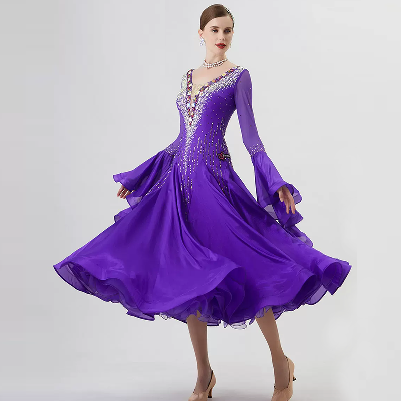 YUN Customisable-Women's Long Sleeve VNeck Backless Diamonds Dress For Ballroom Dancing Smooth Dress