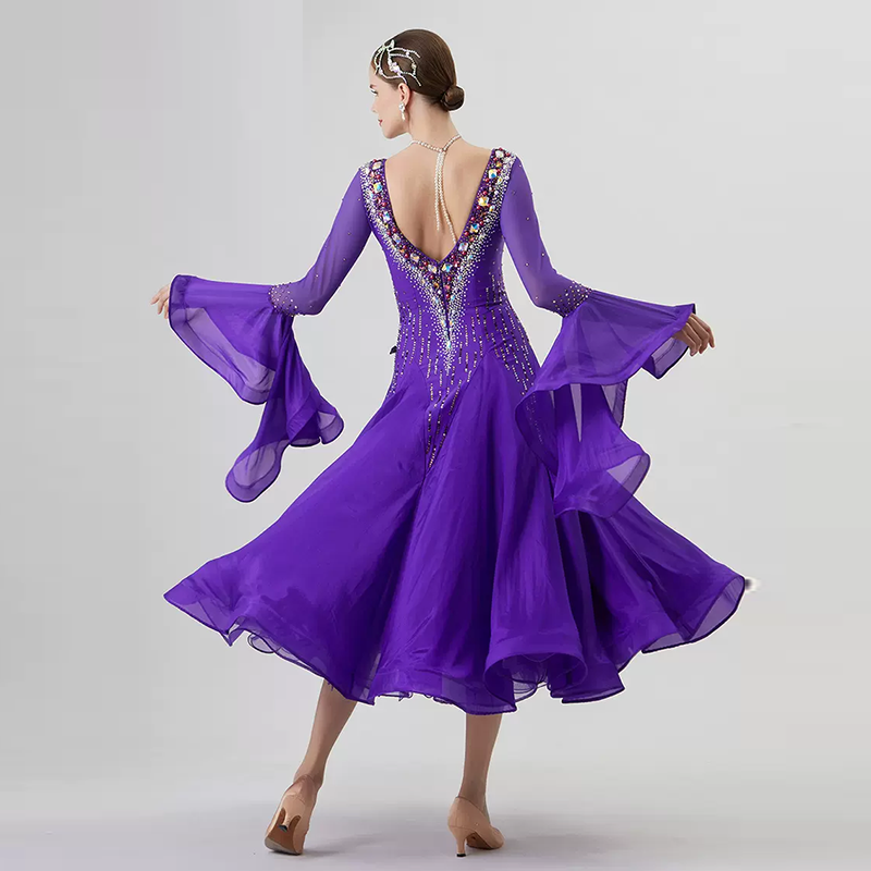 YUN Customisable-Women's Long Sleeve VNeck Backless Diamonds Dress For Ballroom Dancing Smooth Dress