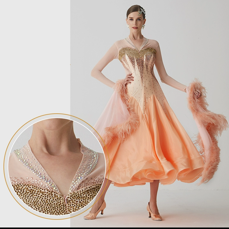 YUN Customisable-Women's Long Sleeve  V Neck Diamonds Waltz Modern Ballroom Dance Dress Competition Dresses