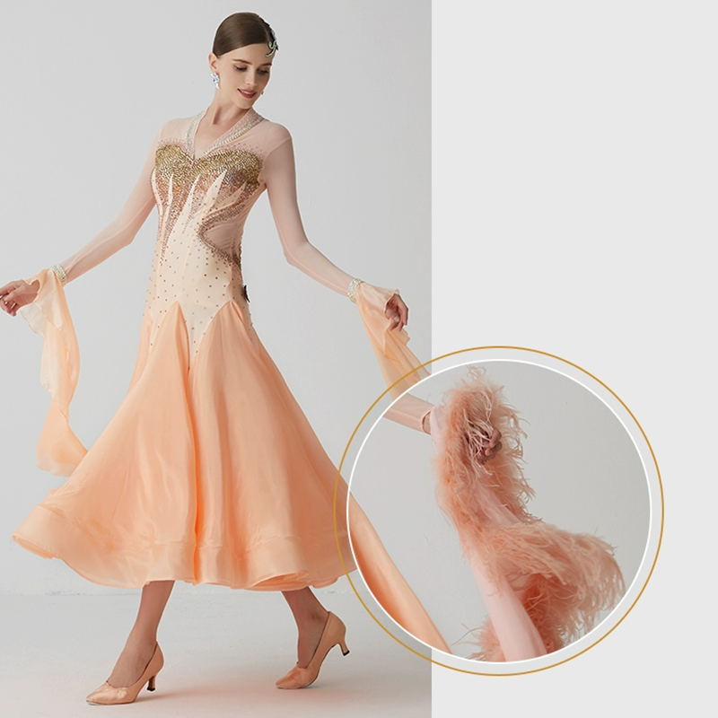 YUN Customisable-Women's Long Sleeve  V Neck Diamonds Waltz Modern Ballroom Dance Dress Competition Dresses