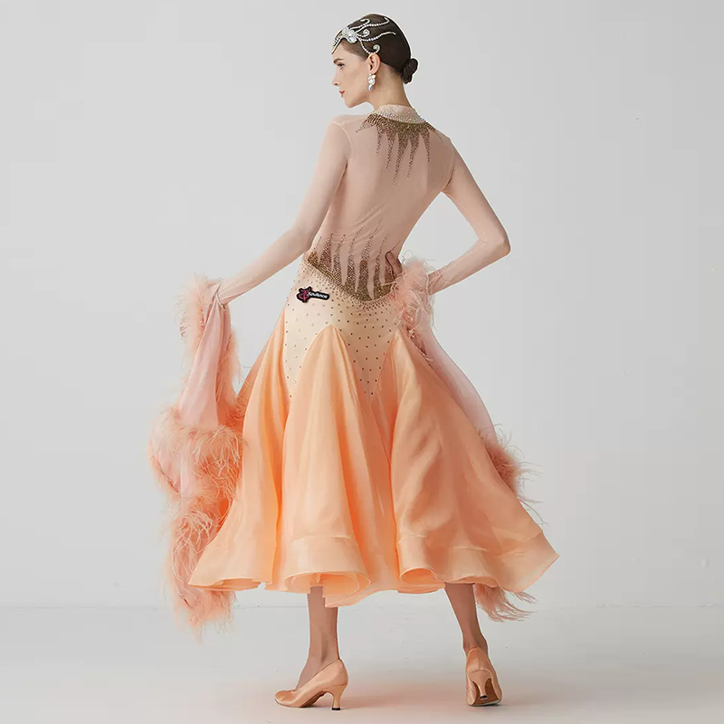 YUN Customisable-Women's Long Sleeve  V Neck Diamonds Waltz Modern Ballroom Dance Dress Competition Dresses