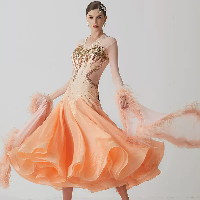 YUN Customisable-Women's Long Sleeve  V Neck Diamonds Waltz Modern Ballroom Dance Dress Competition Dresses