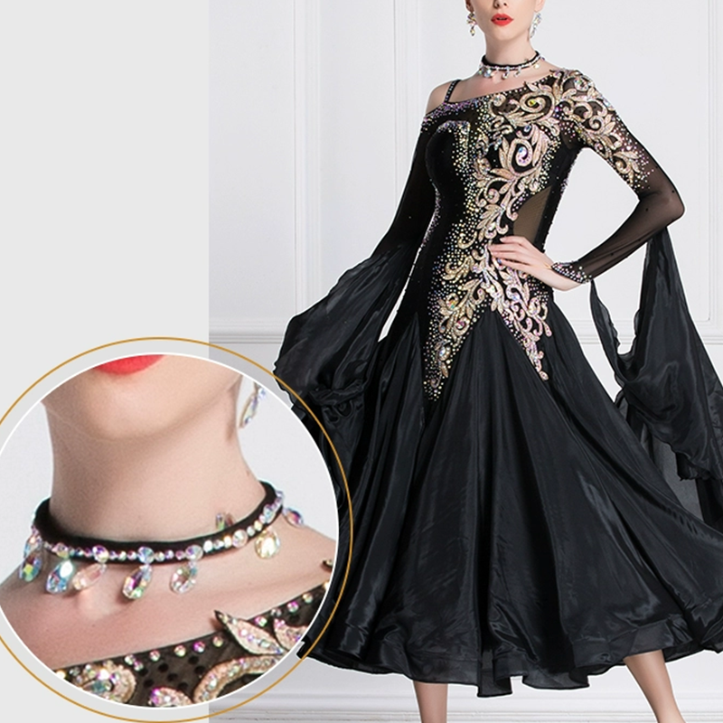 YUN Customisable-Women's Long Sleeve Off Shoulder Backless Diamonds Dress For Ballroom Dancing Smooth Dress