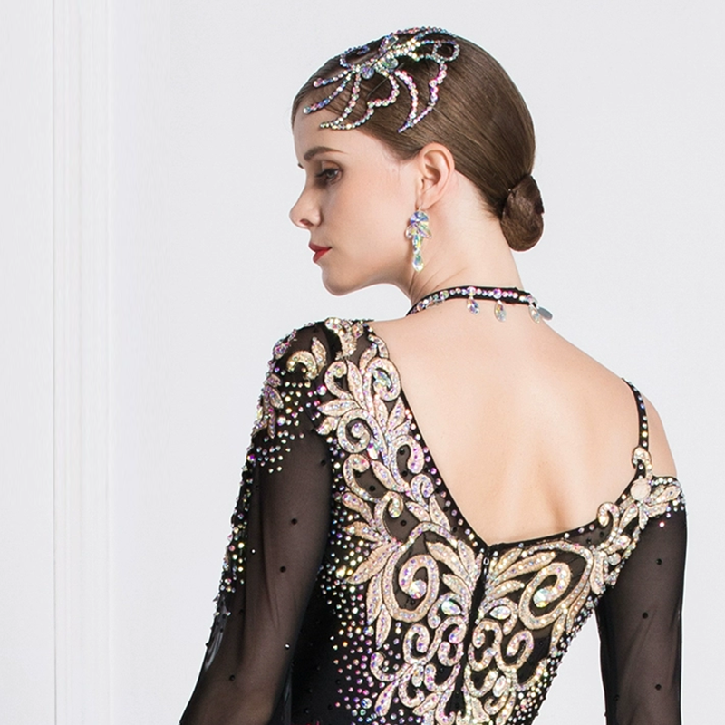 YUN Customisable-Women's Long Sleeve Off Shoulder Backless Diamonds Dress For Ballroom Dancing Smooth Dress