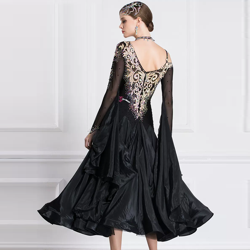 YUN Customisable-Women's Long Sleeve Off Shoulder Backless Diamonds Dress For Ballroom Dancing Smooth Dress