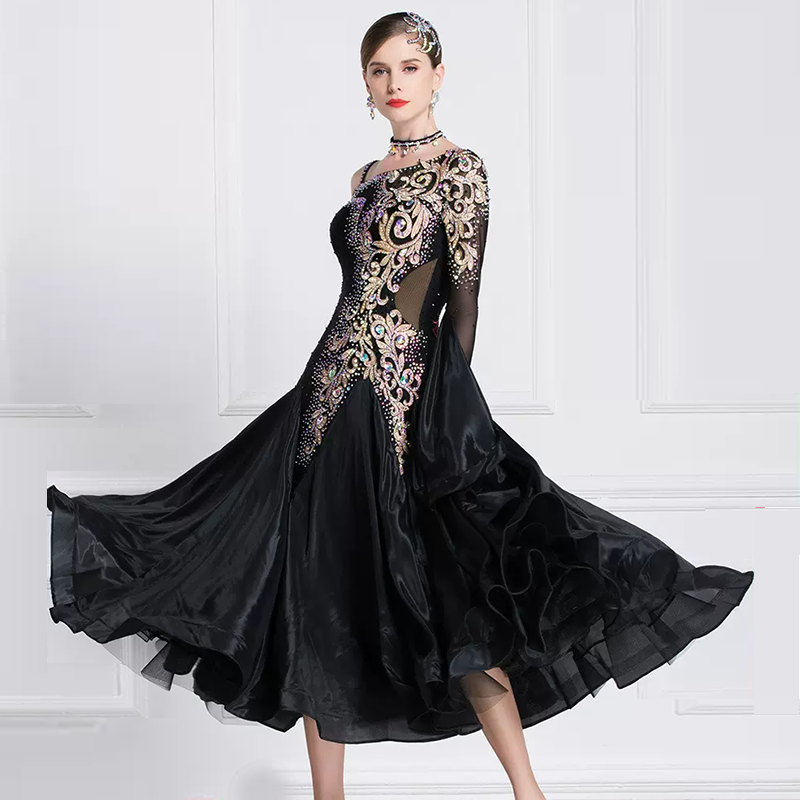 YUN Customisable-Women's Long Sleeve Off Shoulder Backless Diamonds Dress For Ballroom Dancing Smooth Dress