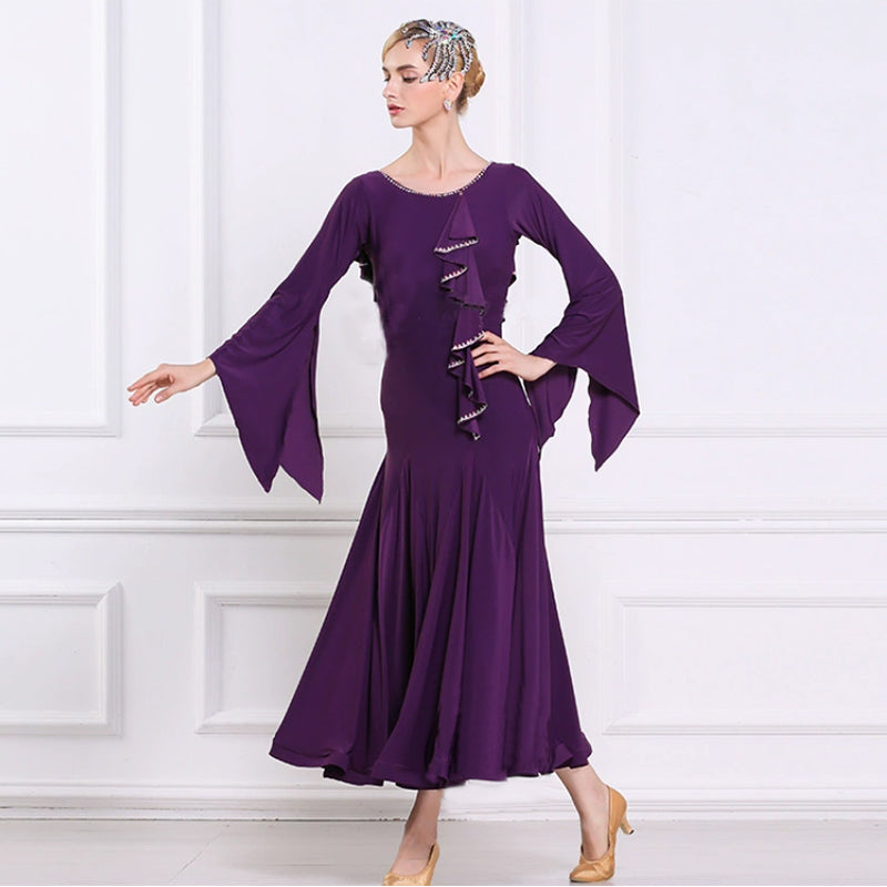 YUN Customisable-Women's Long sleeve Diamonds Waltz Modern Ballroom Dance Dress