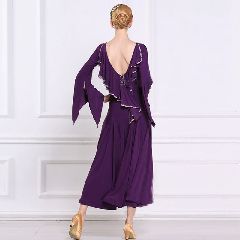 YUN Customisable-Women's Long sleeve Diamonds Waltz Modern Ballroom Dance Dress