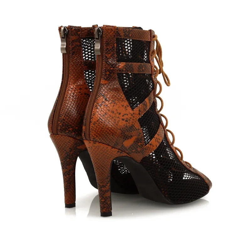 Women's Brown Customized Heel Peep Toe Hollow-out Heels Dance Boots Jazz Salsa Dancing Shoes