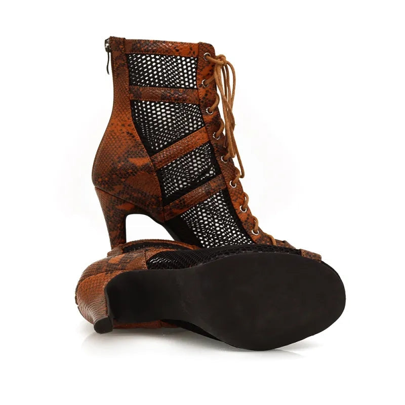 Women's Brown Customized Heel Peep Toe Hollow-out Heels Dance Boots Jazz Salsa Dancing Shoes