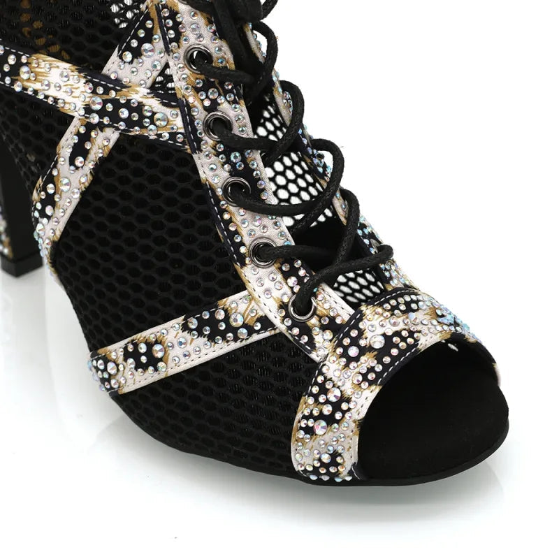 Women's 9.5cm Heel Peep Toe Hollow-out Heels Dance Boots Jazz Salsa Dancing Shoes