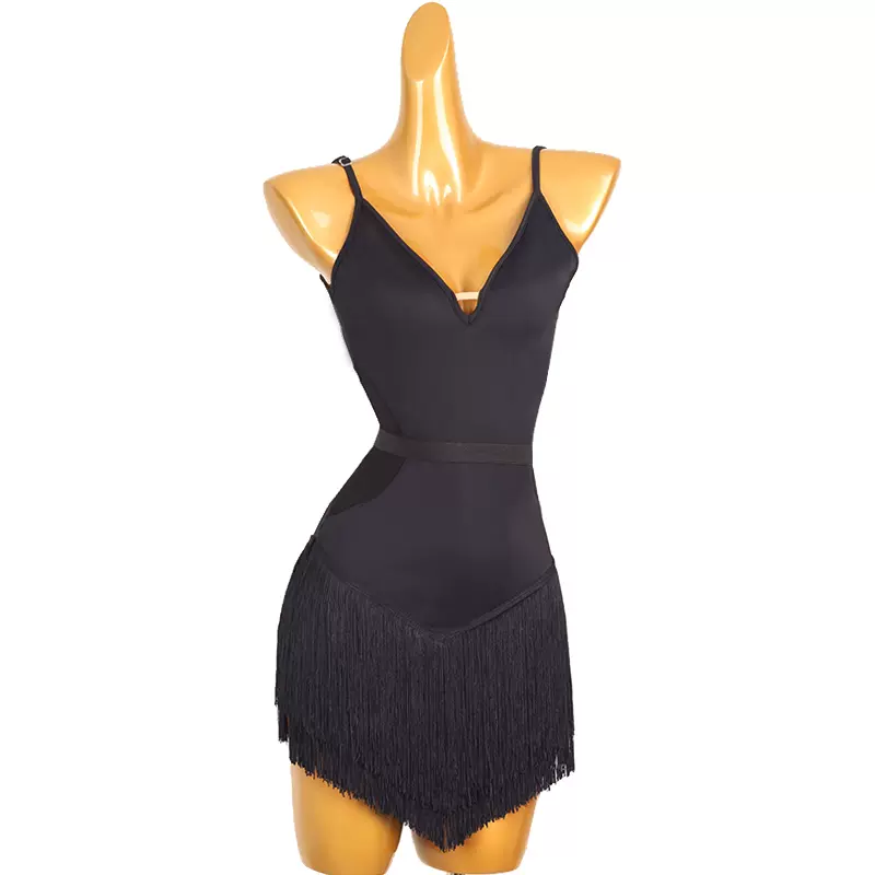 Customisable-Women's Black Tassel V-Neck DanceWear Dance Dress Performance Wear