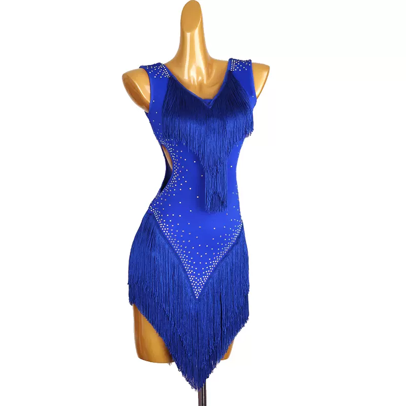 Customisable-Women's Blue V-Neck Tassel DanceWear Dance Dress