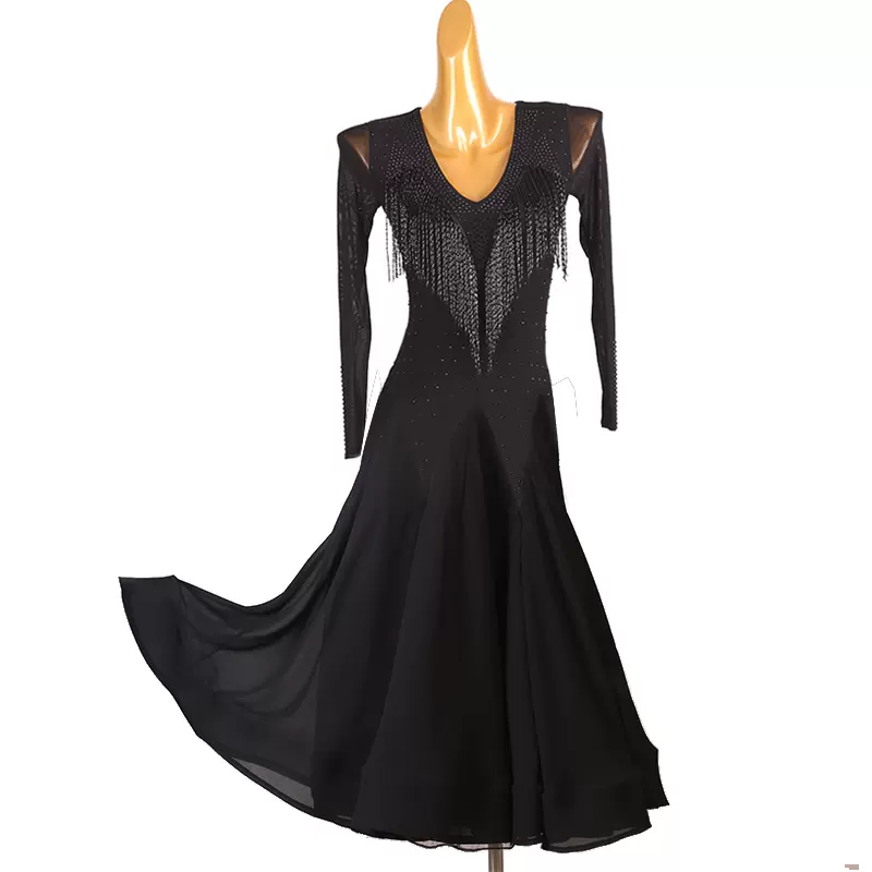 Customisable-Women's Black V-Neck Long Sleeve DanceWear Ballroom Dance Dress