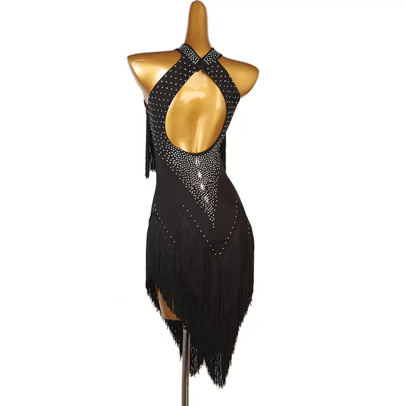 Customisable-Women's Black High Neck Tassel DanceWear Dance Dress