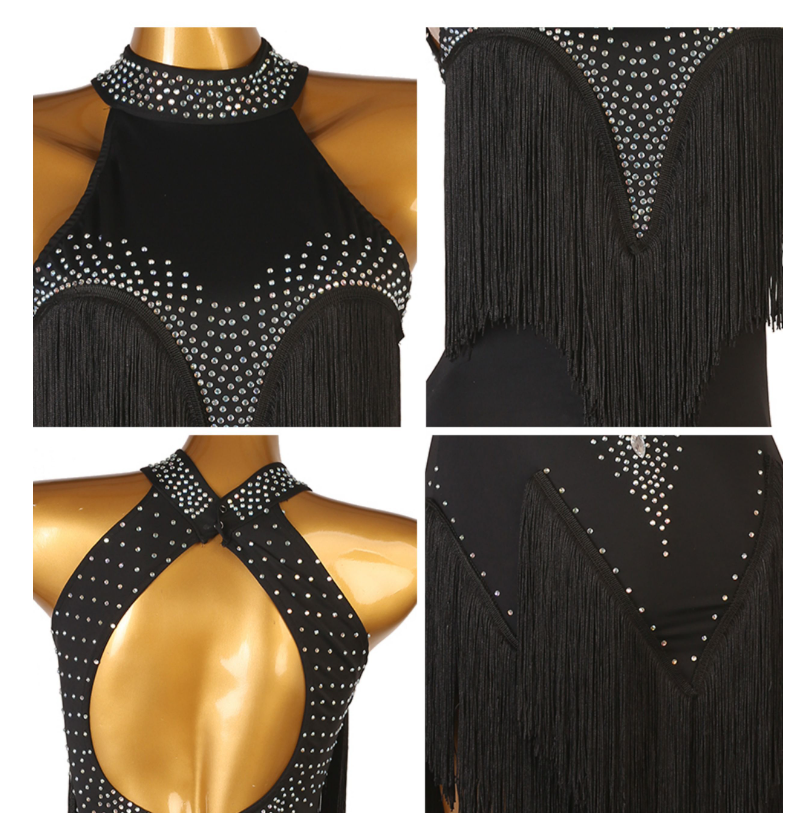 Customisable-Women's Black High Neck Tassel DanceWear Dance Dress