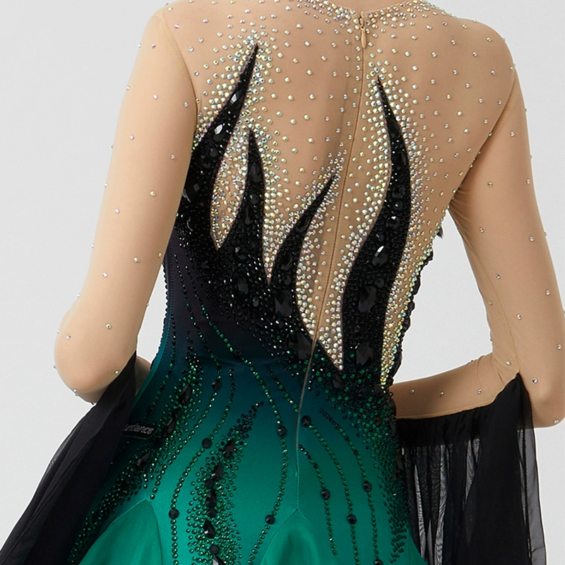 YUN Customisable-Women's Long Sleeve  V Neck Diamonds Waltz Modern Ballroom Dance Dress Competition Dresses