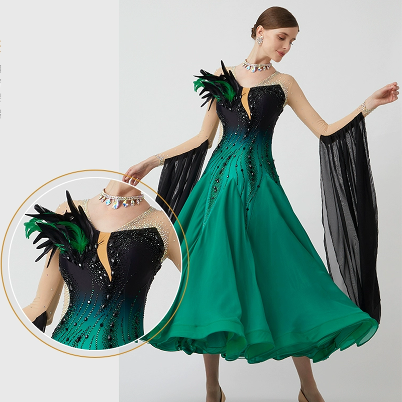 YUN Customisable-Women's Long Sleeve  V Neck Diamonds Waltz Modern Ballroom Dance Dress Competition Dresses
