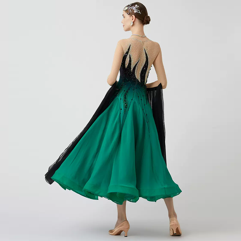 YUN Customisable-Women's Long Sleeve  V Neck Diamonds Waltz Modern Ballroom Dance Dress Competition Dresses