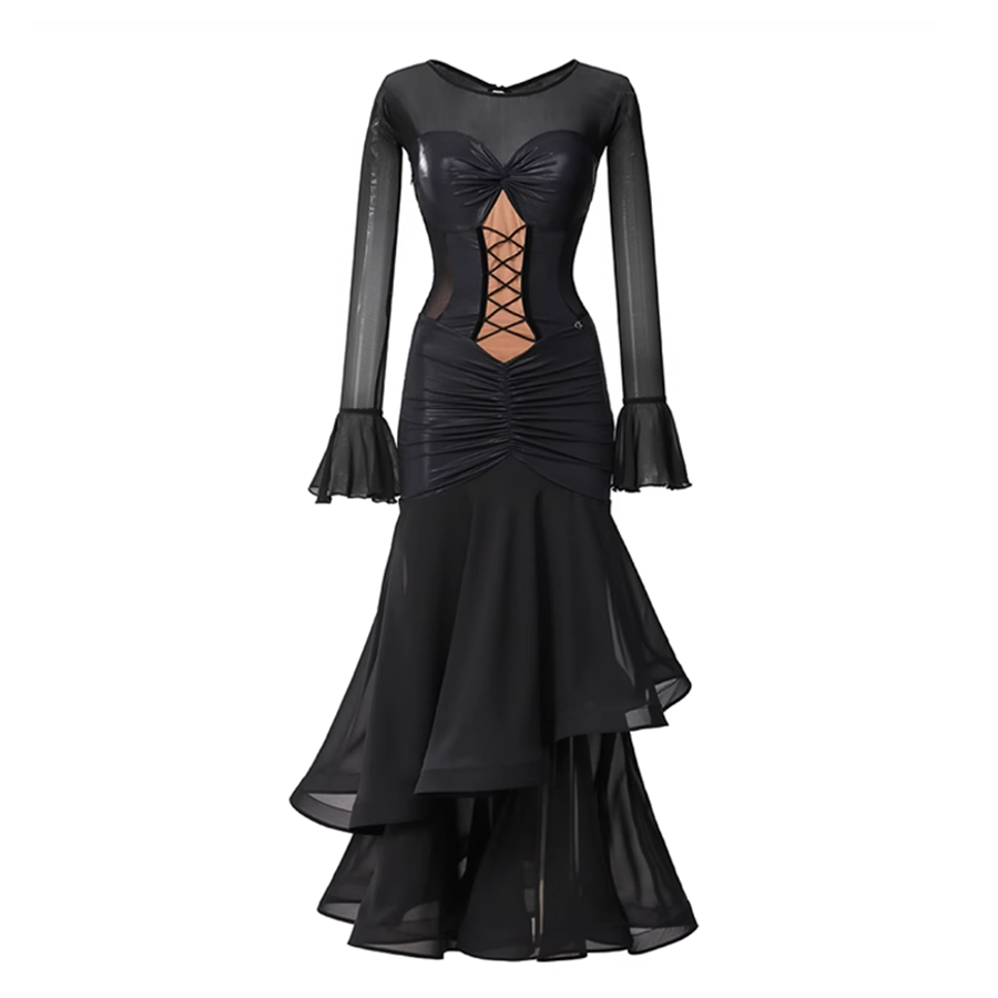 TID Customisable Women's Long Sleeve Black Dance Dresses Performance Competition Dancewear