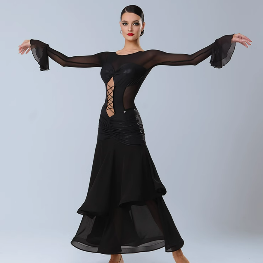 TID Customisable Women's Long Sleeve Black Dance Dresses Performance Competition Dancewear